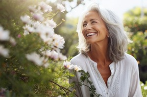 Smiling older woman walking through garden