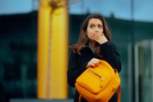 Woman holding her bag, wearing shocked expression