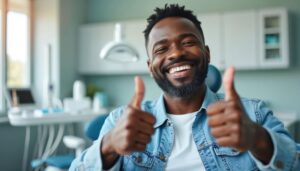 Happy dental patient giving two thumbs up 